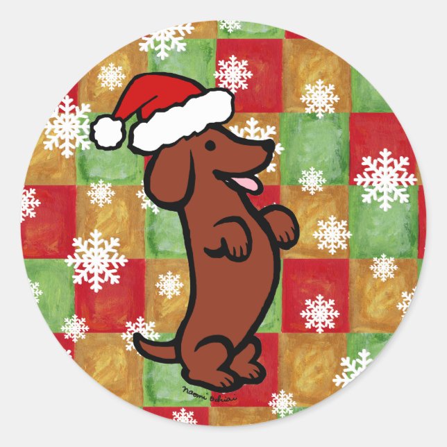Sticker Rond Dachshund Cartoon de Noël Snowflakes (Devant)
