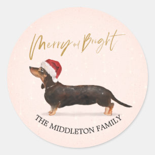 Sticker Rond Dachshund Chien de Santa Hat Joyeux Noël