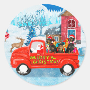 Sticker Rond Dachshund Chien en livraison de Noël Camion Neige