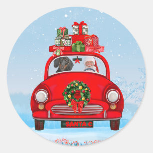 Sticker Rond Dachshund Chien En Voiture Avec Le Père Noël