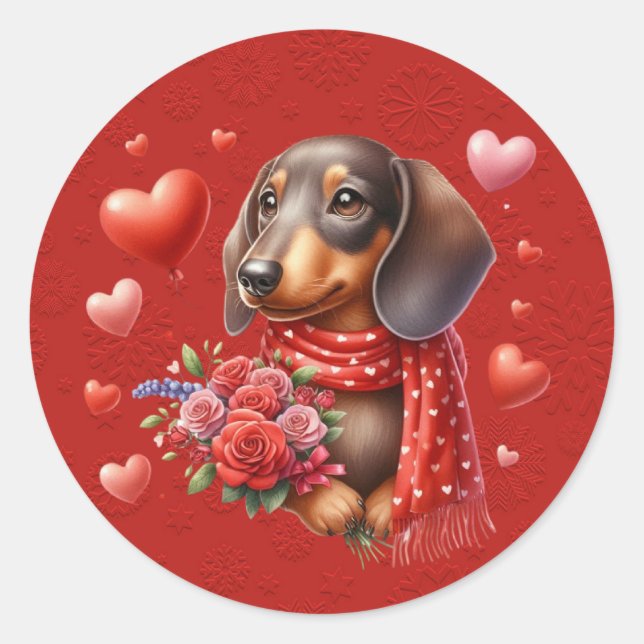 Sticker Rond Dachshund Chien Red Valentine Coeurs (Devant)