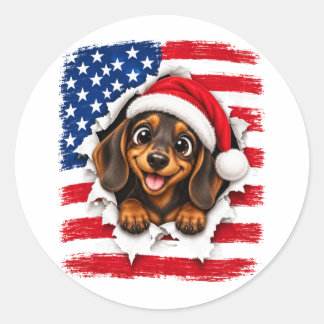 Sticker Rond Dachshund de Noël américain