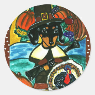 Sticker Rond Dachshund de Thanksgiving
