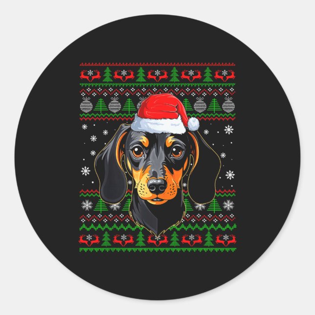 Sticker Rond Dachshund Dog Christmas Ugly Sweater Santa Adults  (Devant)