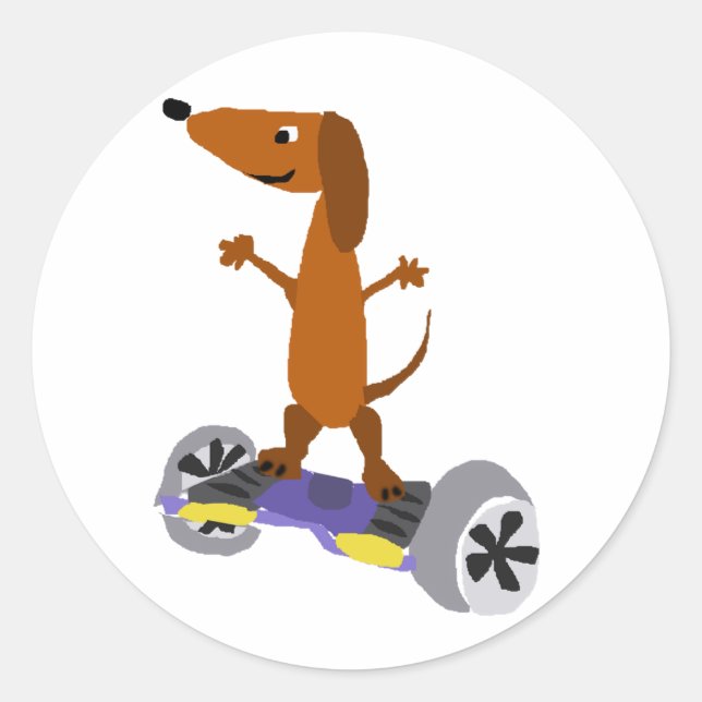 Sticker Rond Dachshund Dog drôle sur Hoverboard (Devant)