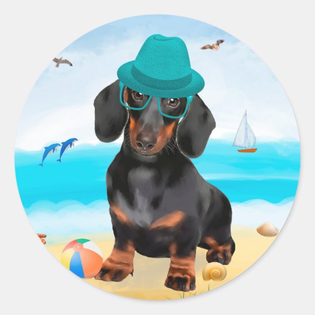 Sticker Rond Dachshund Dog sur la plage (Devant)