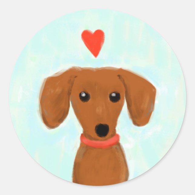 Sticker Rond Dachshund Love | Mignonne chien Wiener avec coeur (Devant)