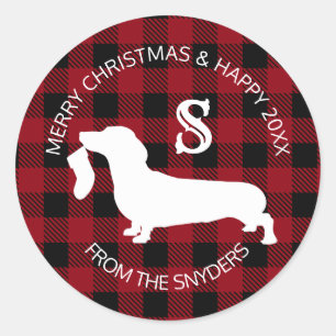 Sticker Rond Dachshund Plaid Holiday Monogramme