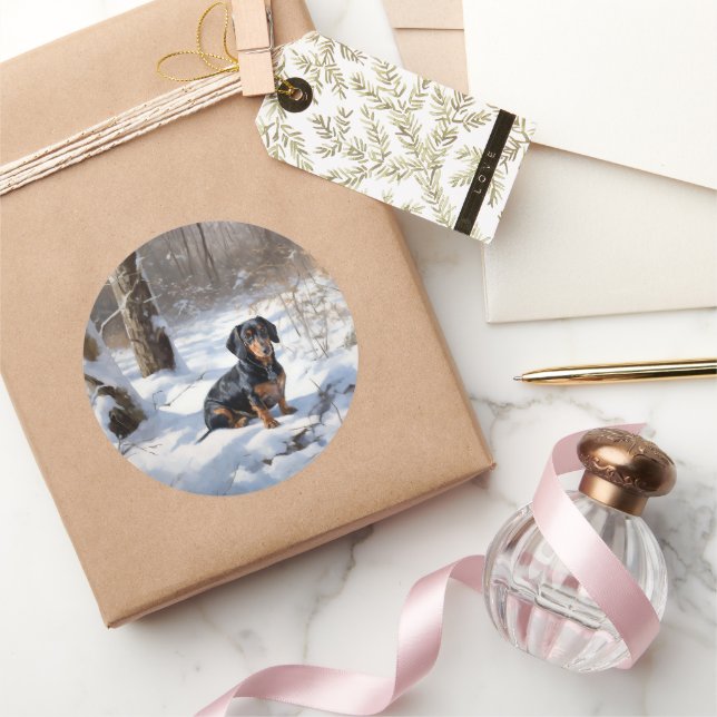Sticker Rond Dachshund Qu'Il Neige Noël (Cadeaux)