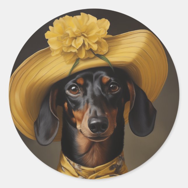 Sticker Rond Dachshund sophistiqué en jaune (Devant)