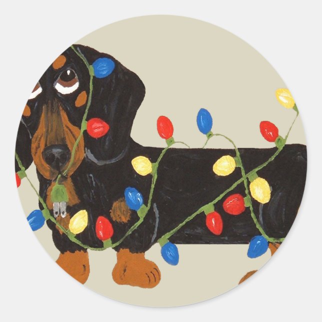 Sticker Rond Dachshund Tangée Dans Les Lumières De Noël Blk/Tan (Devant)