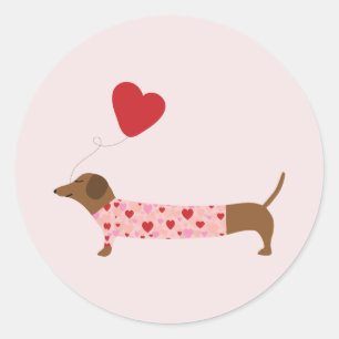 Sticker Rond Dachshund Valentine, Saint Valentin rose et rouge
