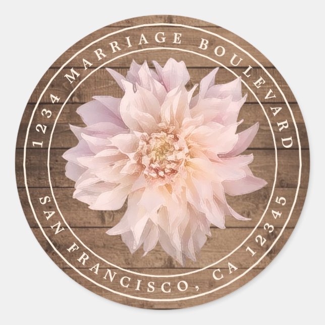 Sticker Rond Dahlia Flower Rustic Wood Mariage Adresse de retou (Devant)