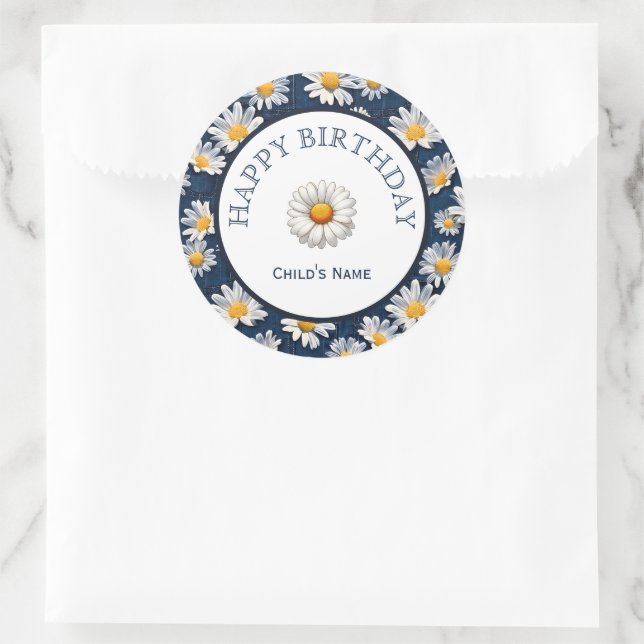 Sticker Rond Daisies on Blue Denim Birthday  (Sac)