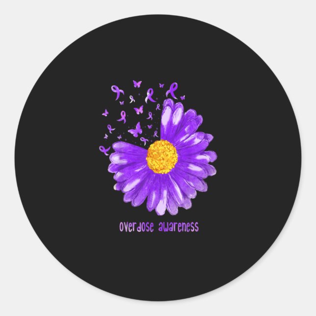 Sticker Rond Daisy Butterfly Purple Ribbon Overdose Awareness (Devant)