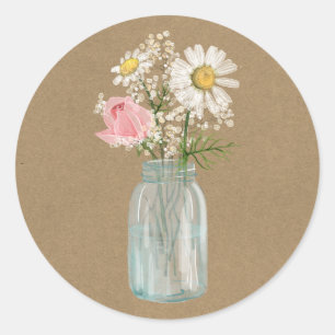 Sticker Rond Daisy et Rose dans un pot Mason en papier Kraft ru