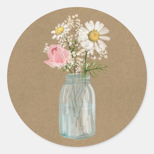 Sticker Rond Daisy et Rose en Mason Jar Rustic Kraft Paper (Devant)