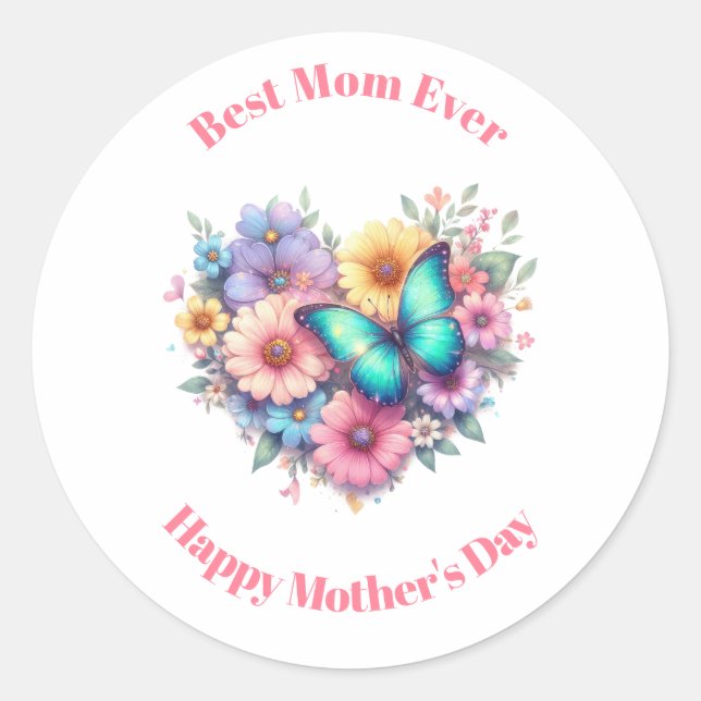 Sticker Rond Daisy Flowers with a Blue Butterfly Mother's Day (Devant)