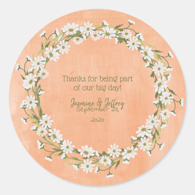 Sticker Rond Daisy & Peach Floral Mariage Merci (Devant)