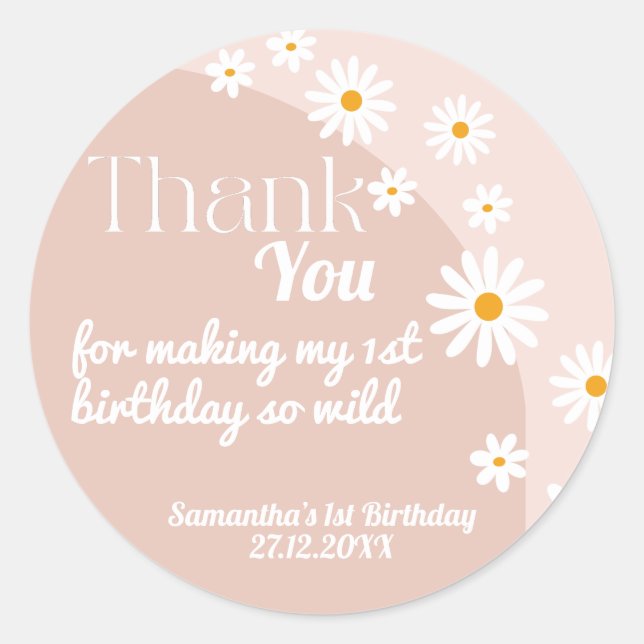 Sticker Rond Daisy rose sauvage une fille 1er anniversaire Merc (Devant)