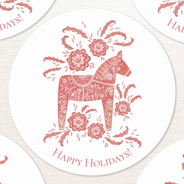 Sticker Rond Dala suédois Horse Red Holidays (Swedish Dala Horse custom text Happy Holidays folk art stickers)