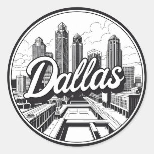 Sticker Rond Dallas Texas Skyline Paysage urbain noir et blanc