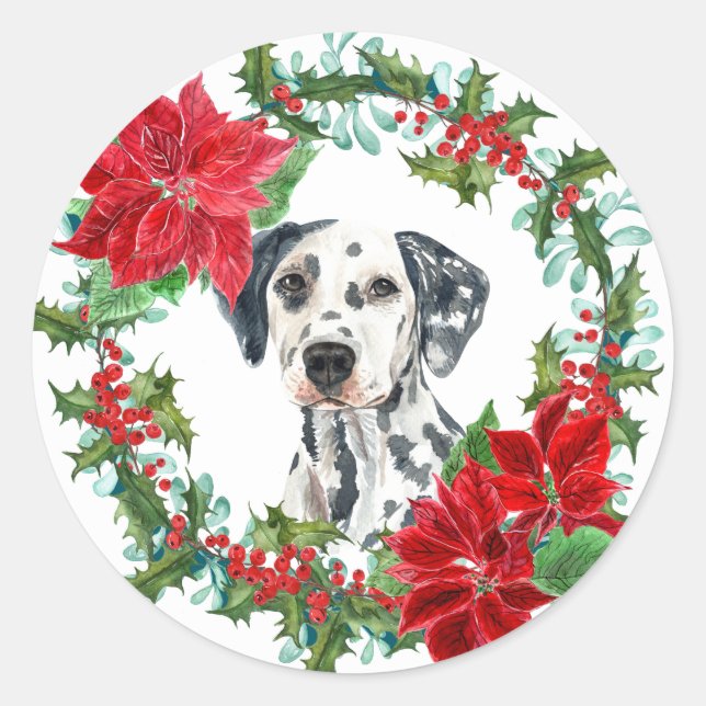 Sticker Rond Dalmatie Poinsettia Holly Berry couronne de Noël (Devant)