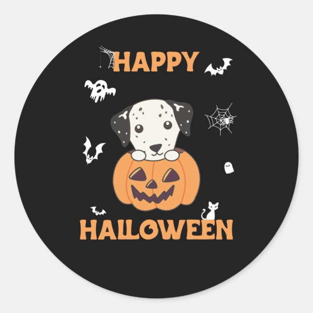 Sticker Rond Dalmatien En Chiens Doux Citrouille Joyeux Hallowe (Devant)