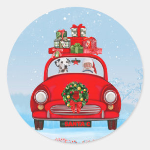 Sticker Rond Dalmatien en voiture avec le Père Noël 