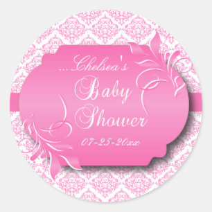 Sticker Rond Damas et rose tendance pour un Baby shower