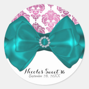 Sticker Rond Damas rose et blanc Turquoise Bow Glam Sweet 16 Pa