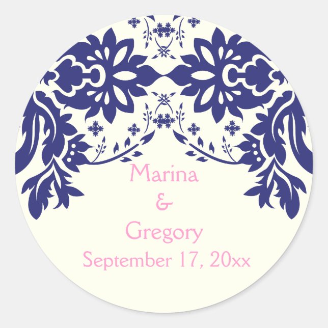 Sticker Rond Damask marine bleu, rose, mariage Enregistrer la d (Devant)