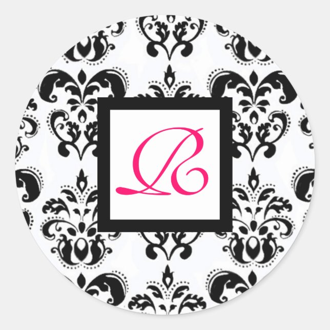 Sticker Rond DAMASK MONOGRAM, fuchsia rose (Devant)