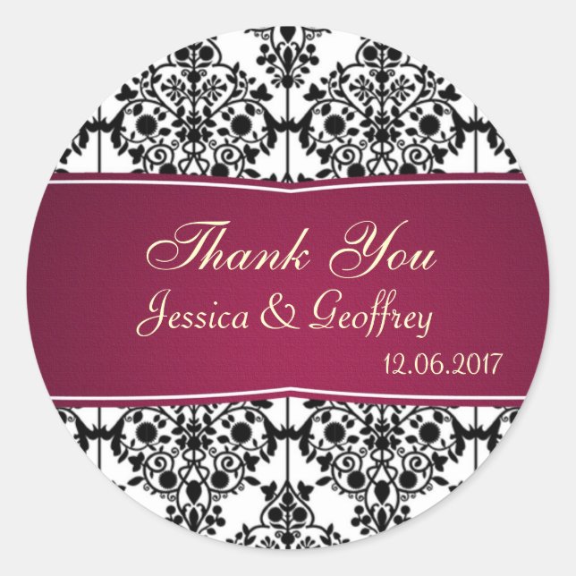 Sticker Rond Damask noir, blanc, Merci magenta Mariage (Devant)