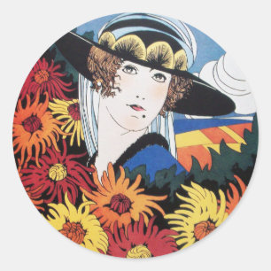 Sticker Rond Dame aux fleurs de chrysanthème