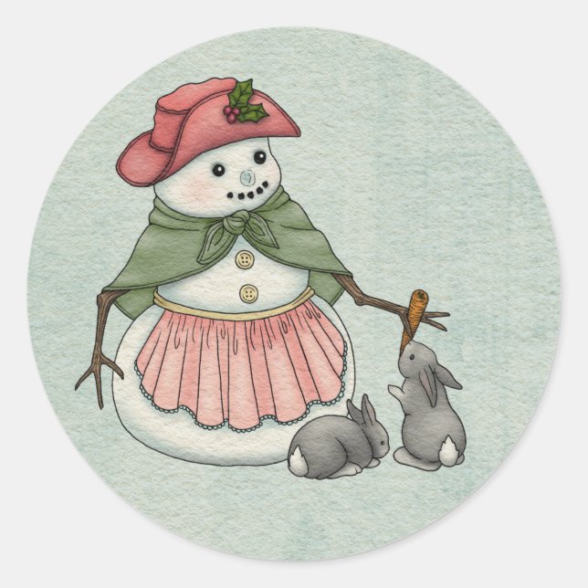 Sticker Rond Dame de neige avec Bunnies Noël Vacances (Devant)
