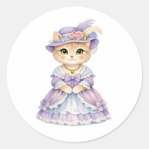 Sticker Rond Dame mignonne au chat en robe victorienne violette