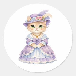Sticker Rond Dame mignonne au chat en robe victorienne violette