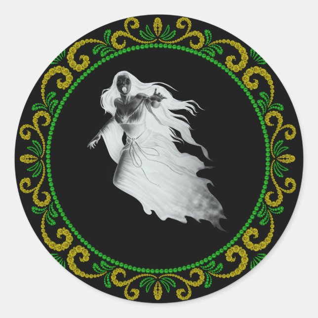 Sticker Rond Dame Vert Jaune En Blanc Fantôme Halloween (Devant)
