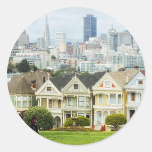 Sticker Rond Dames peintes, maisons victoriennes et skyline