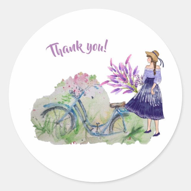 Sticker Rond Dames vélo dans le champ de printemps (Devant)