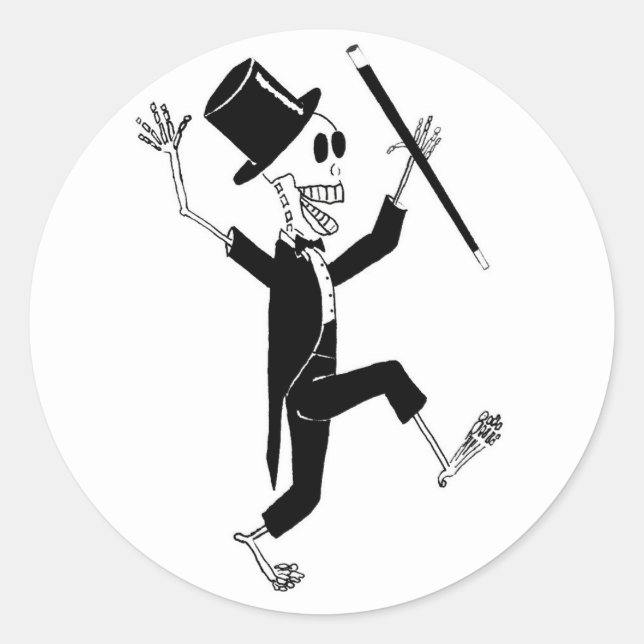 Sticker Rond Dancing Skeleton à Tuxedo et Top Hat avec canne (Devant)