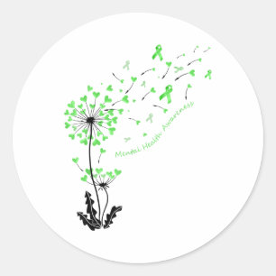 Sticker Rond Dandelion Heart Green Ribbon Santé mentale Lauréat