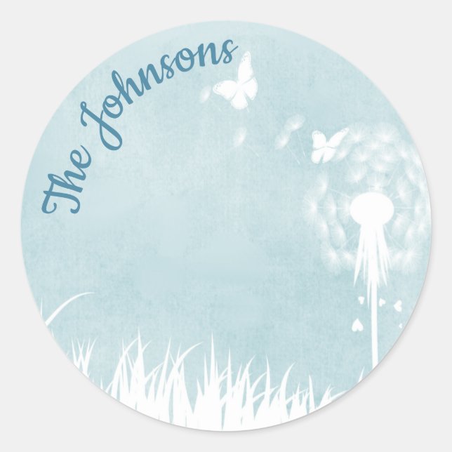 Sticker Rond Dandelions, papillons et Ciel bleu (Devant)