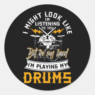Sticker Rond Dans ma tête, je joue mes tambours percussion