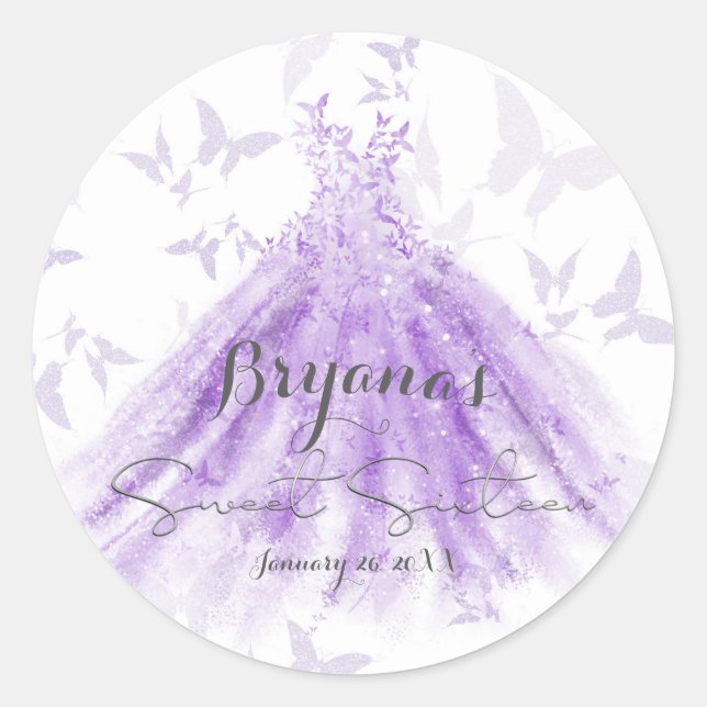 Sticker Rond Danse Papillon Robe Violette Sweet 16 Fête  (Devant)