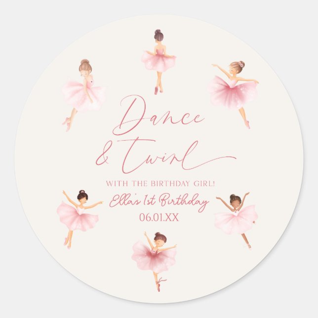 Sticker Rond Danse & Twirl Rose Ballerina Ballet Anniversaire (Devant)