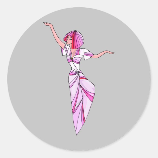 Sticker Rond Danseur rose funky fille avec cheveux roses (Devant)