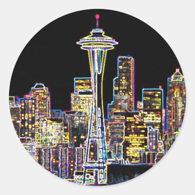 Sticker Rond Dark be the Night - Luminous Seattle Skyline (Devant)