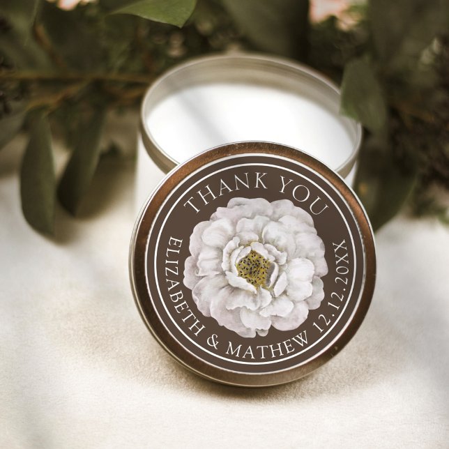 Sticker Rond Dark Brown Floral Wedding Thank You  (Créateur téléchargé)